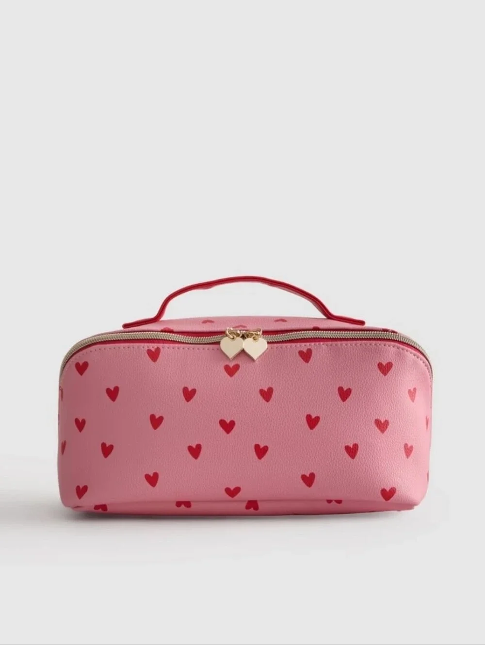 Pink Heart Print Cosmetic Case with Gold Heart Zipper, Trifold Primark